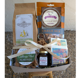 Third Tier Custom Gift with snacks, chocolate, Herb Roasted Almonds, popcorn, honey, keychain & coasters.