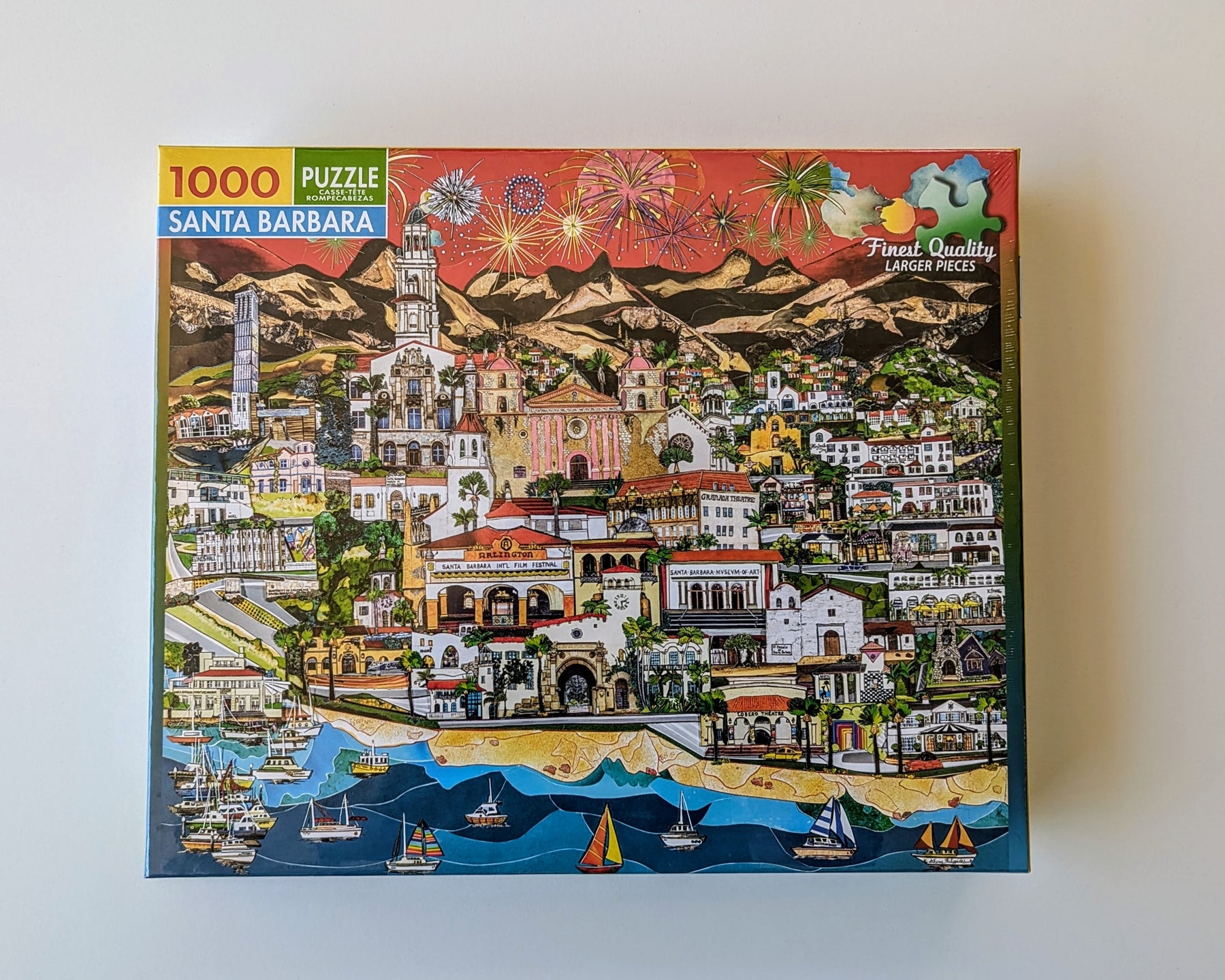 Santa Barbara Collage Puzzle 1000 pieces featuring fireworks over Santa Barbara landmarks by artist Athena Philippides
