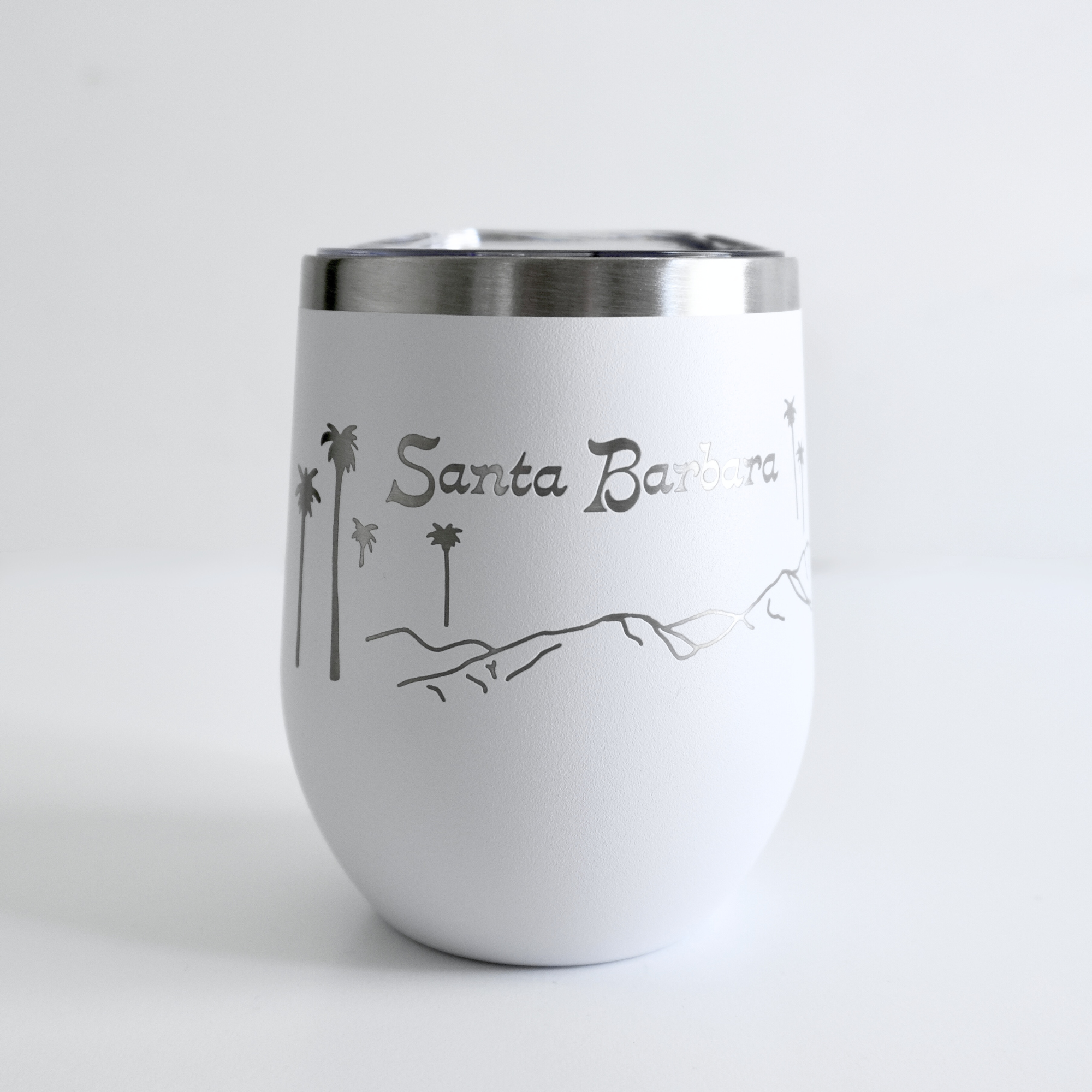 Santa Barbara insulated wine tumbler in white with laser engraved Santa Barbara design