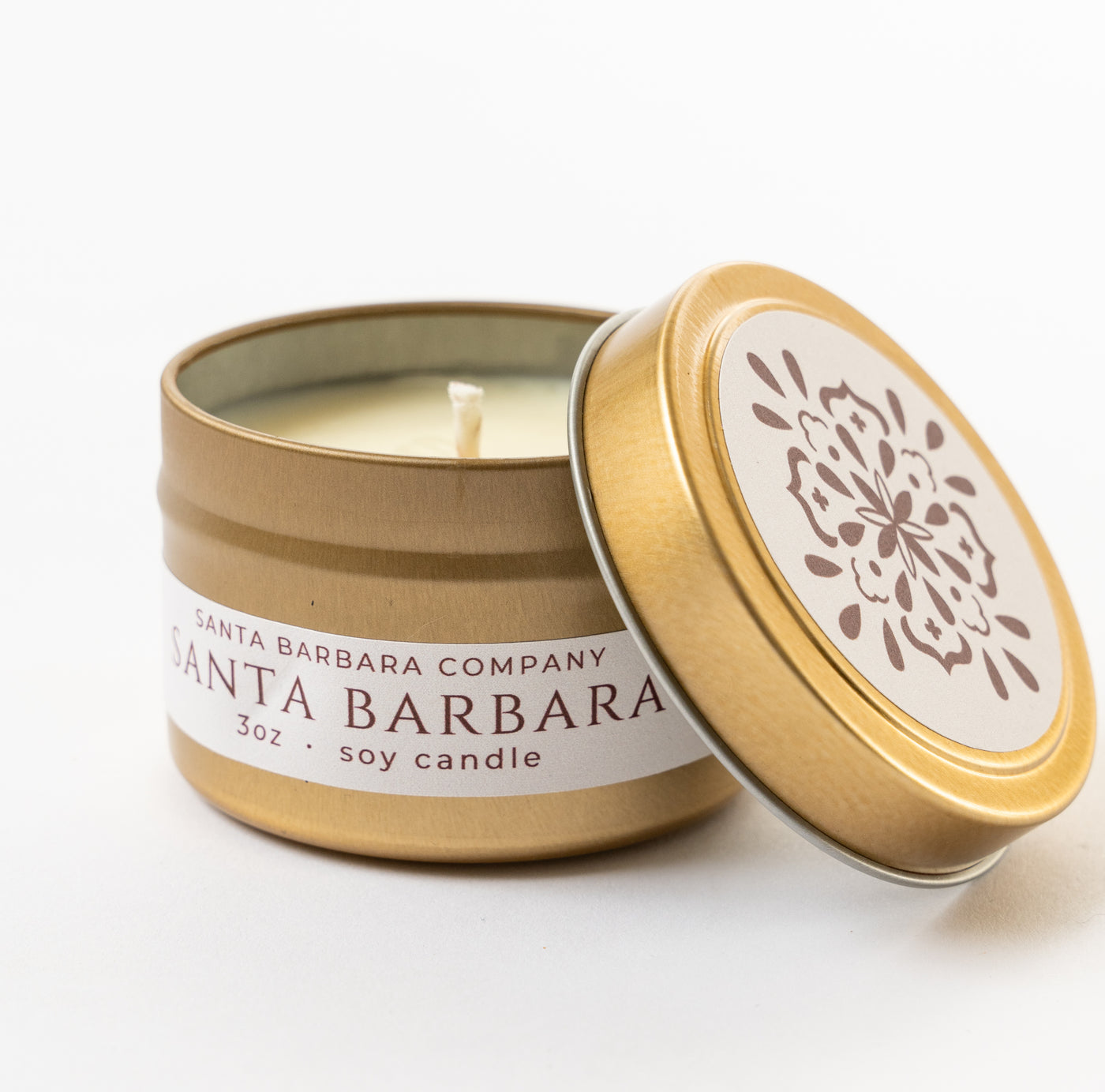 Santa Barbara Travel Candle in a tin with decorative label