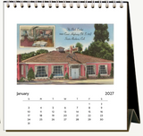 Santa Barbara Easel Desk Calendar 2027 for January, featuring a vintage image of The Pink Cricket restaurant.
