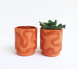 Set of two Terra Cotta Squiggle pots, one with a handmade succulent by Luna Reece Ceramics.