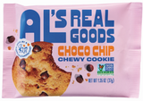 Chewy Chocolate Chip Cookie in pink Als Real Goods package, shown with cookie and chocolate chips.