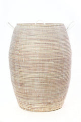 Senegalese Tall White Bongo Hamper Basket with vertical stripes and two handles