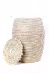 Senegalese Tall White Bongo Hamper Basket: handwoven with two handles and lid