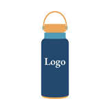 Illustration of a blue water bottle with a tan lid and handle, featuring "Setup Fee: 1 Color Design" in white text on the front. The bottle is centered on a plain white background.