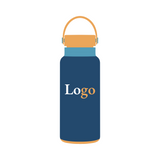 Illustration of the "Setup Fee: 2 Color Design" water bottle in navy blue with a tan lid and handle, light blue accent, and "Logo" printed in white and tan on the front. The background is white.