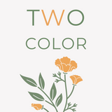 A minimalistic design titled "Setup Fee: 2 Color Design" features the words TWO COLOR above a simple illustration of orange flowers and green leaves on a pale background.