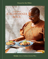 Cover of Tanya Holland's California Soul Cookbook. A smiling woman in orange holds two plates of food. Subtitle says "Recipes from a Culinary Journey West"