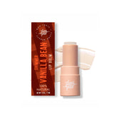 A Vanilla Bean Shimmer Lip Balm is pictured beside its orange and red box. The applicator is a cream shade.