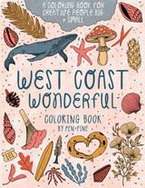Cover of Coast Wonderful Coloring Book features whales, shells, mushrooms & leaves. Subtitle reads: A Coloring Book for Creative People Big & Small"