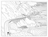 Line drawing of a car on a cliff road—Big Sur