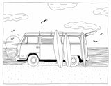 A line drawing of a van with surfboards on a beach at sunset