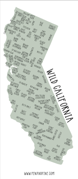 Wild California Sticker with illustrated native plants and animals labeled across the state.