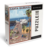 1000 Piece Santa Barbara Stern's Wharf Puzzle featuring a vintage-style design with palm trees and ocean view.