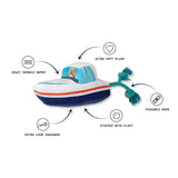 Boat Loads of Fun Plush Dog Toy: soft, floating, squeaky, crinkly, rope tail—ideal for water play!.