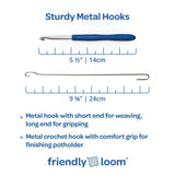 Metal weaving hook measuring 5.5 inches and metal crochet hook with comfort grip measuring 9.5 inches for finishing potholders