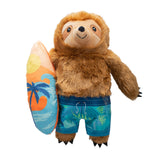 Makin’ Waves Plush Dog Toy: a sloth in blue shorts with surfboard, palm trees, sunset, and a built-in squeaker.