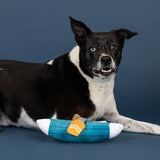 Black and white dog with one blue eye rests by a Go with the Flow Plush Dog Toy on a dark blue background.