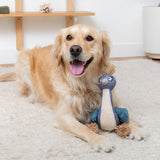 Golden retriever on carpet, smiling, with a Feather Than Ever Earth Friendly Dog Toy under its paw.