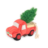 Vintage red pickup truck plush dog toy with sliding Christmas tree from the Home for the Holidays collection