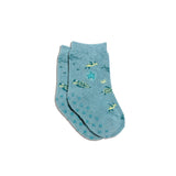 Kids Socks that Protect Sea Turtles, toddler size, in heathered sea blue with green sea turtles, starfish, and gripper dots on the soles