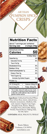 Pumpkin Spice Artisan Crisp label features nutrition info, fall spices, pumpkin seeds, and crisp illustrations.