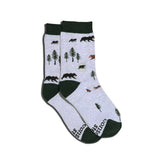 Kids Socks that Protect Bears, preschool and youth size, heather gray with black and brown bears, pine trees, and dark green toes and heels
