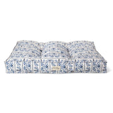 Indigo Vine Canvas Large Pet Bed: blue/white floral, tufted, cotton canvas, with front Pet Shop label.