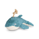 Oh Whale Earth Friendly Dog Toy: plush blue whale with rope, white belly, stitched eye, and recycled bottle filling.