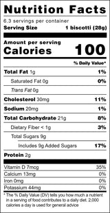 Cinnamon Toast Biscotti nutrition label with calories, fats, carbs, protein, and vitamin details from artisan bakery.