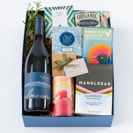 Craft Connoisseur Gift Box featuring wine, organic gummy bears, craft coffee, organic chocolate and more