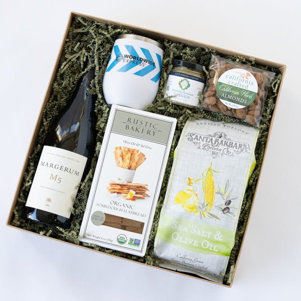 Santa Barbara Company wine gift box with gourmet snacks and tumbler