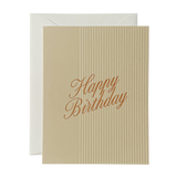Happy Birthday Note Card: a tan ribbed letterpress card with embossed brown cursive script, shown with an envelope.