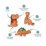 Baking Spirits Bright Dog Toy Set: 3 plush gingerbread dinosaurs with stuffing, crinkle paper, and squeakers shown.