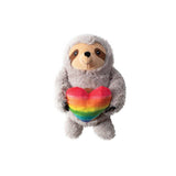 Follow Your Rainbow Plush Dog Toy: gray sloth with rainbow heart, upright on white background.