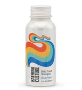 A 2 fl oz bottle of Bathing Culture Kelp Forest Shampoo. The bottle is white with a colorful abstract wavy graphic in orange, yellow, and blue, and black text.