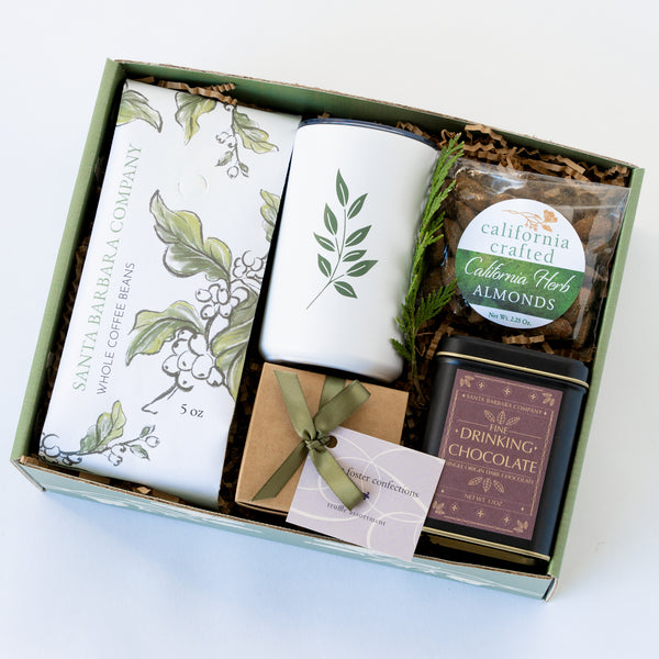 fireside coffee and cocoa gift box from Santa Barbara Company with hot cocoa, coffee, chocolates, California almonds and a tumbler