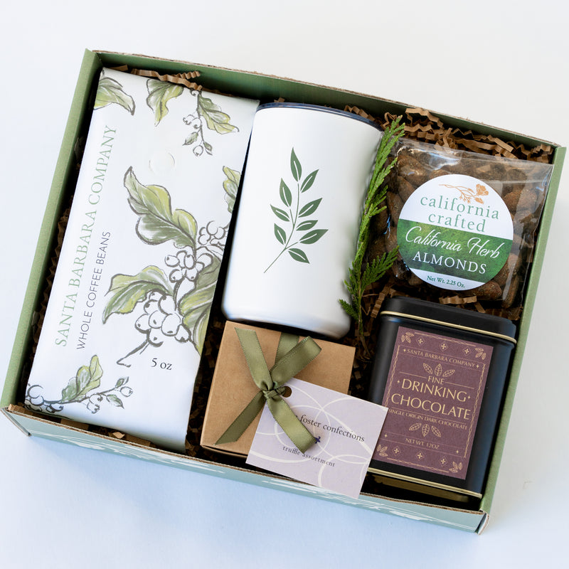 fireside coffee and cocoa gift box from Santa Barbara Company with hot cocoa, coffee, chocolates, California almonds and a tumbler