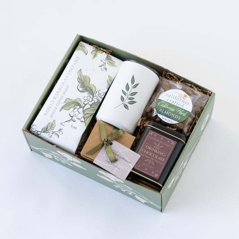 fireside coffee and cocoa gift box from Santa Barbara Company with hot cocoa, coffee, chocolates, California almonds and a tumbler