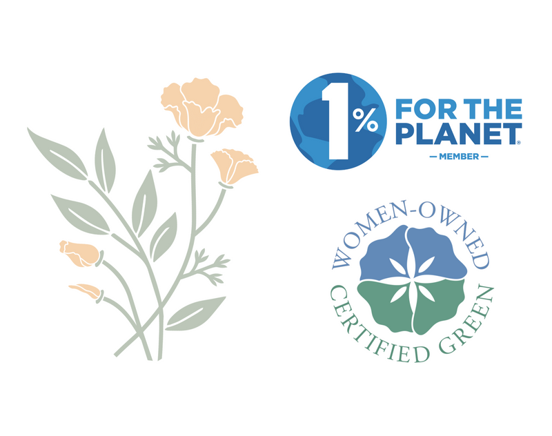 1 percent for the planet graphic, women-owned graphic and poppy brand graphic.