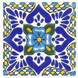 The Laila Ceramic Tile Coaster Set features blue-centered flowers with Santa Barbara style geometric patterns.