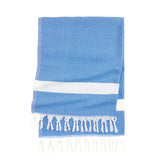 Custom Logo Band for Beach & Bath Towels shown flat with white stripe and fringe, made from soft Turkish cotton.