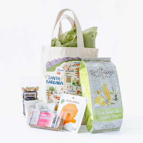 Tote bag with Santa Barbara branding and various products on a white background
