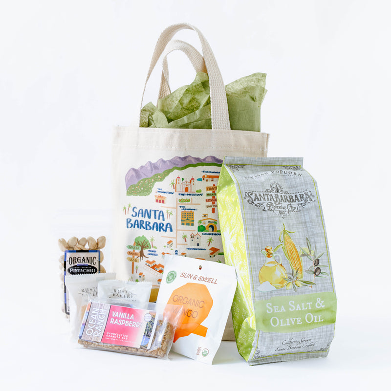 Tote bag with Santa Barbara branding and various products on a white background