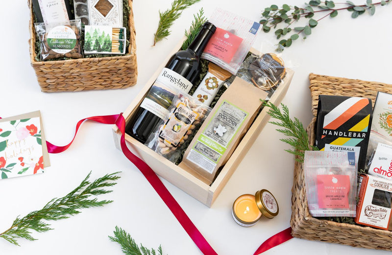 California Wine & Snacks Gift Box displayed with other California Gift Baskets