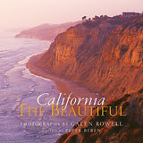 The cover of "California the Beautiful" shows a coastal cliff at sunset, with waves on the shore and golden light. The book showcases photographs by Galen Rowell and is edited by Peter Beren.