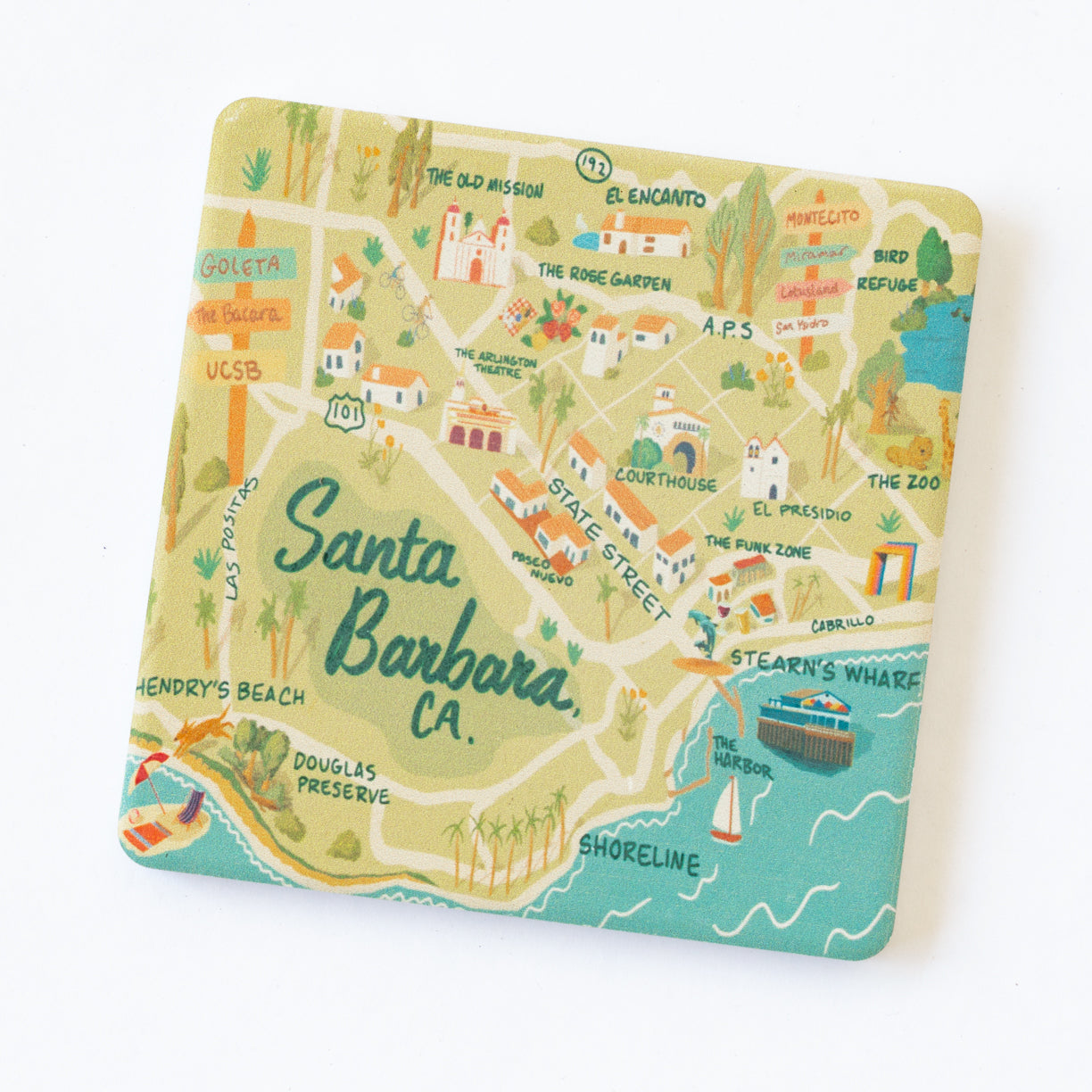 Carly's Map of Santa Barbara stone coaster with illustrated map of local landmarks designed by Carly Weisman