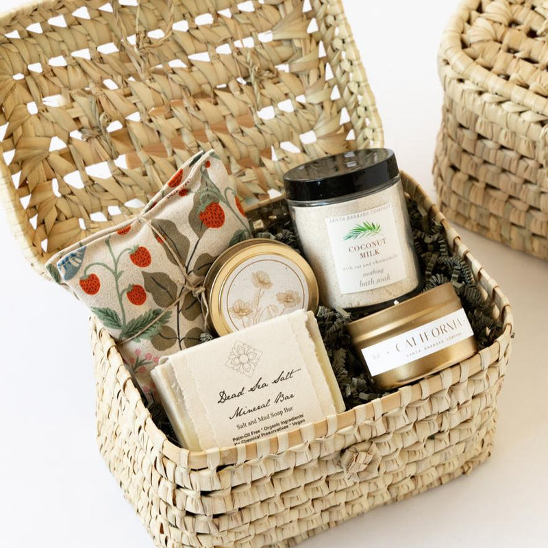 Handwoven basket filled with California spa essentials