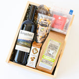 Closeup view of the California Wine & Snacks Gift Box featuring Rangeland Cabernet Sauvignon